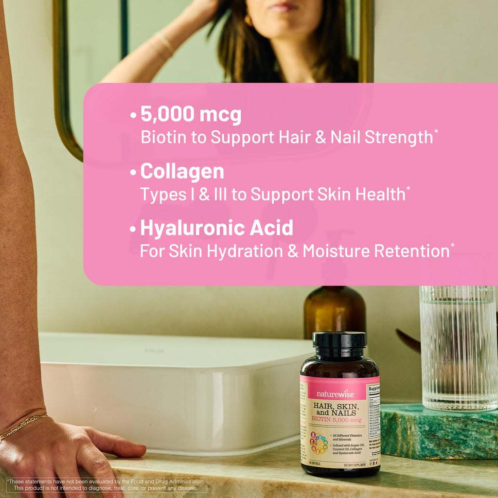 NatureWise Hair Skin and Nails Vitamin, Biotin 5000mcg w/Hyaluronic Acid, Collagen for Women with C, B Complex, D3, A, E, Iron - Non-GMO, Gluten Free - 270 Softgels[3-Month Supply]