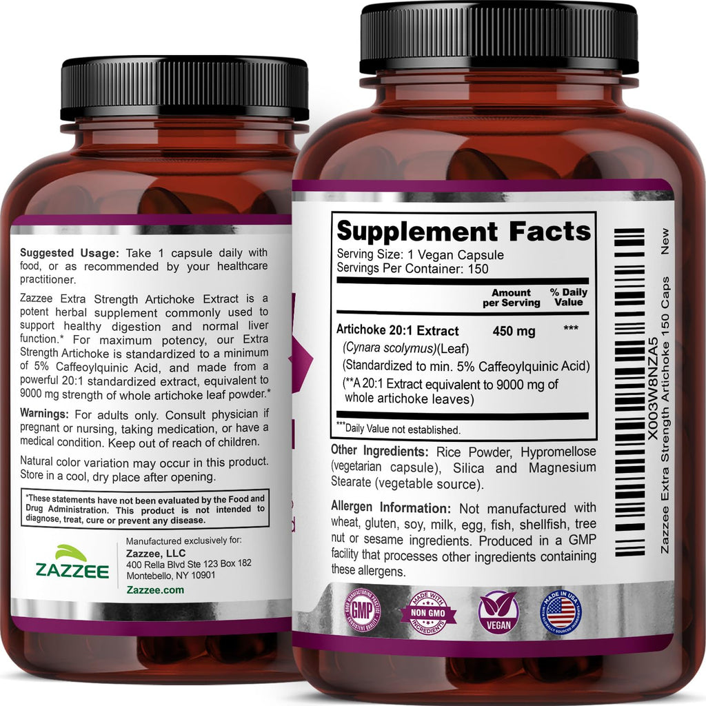 Zazzee Extra Strength Artichoke 20:1 Extract, 5% Caffeoylquinic Acid, Vegan