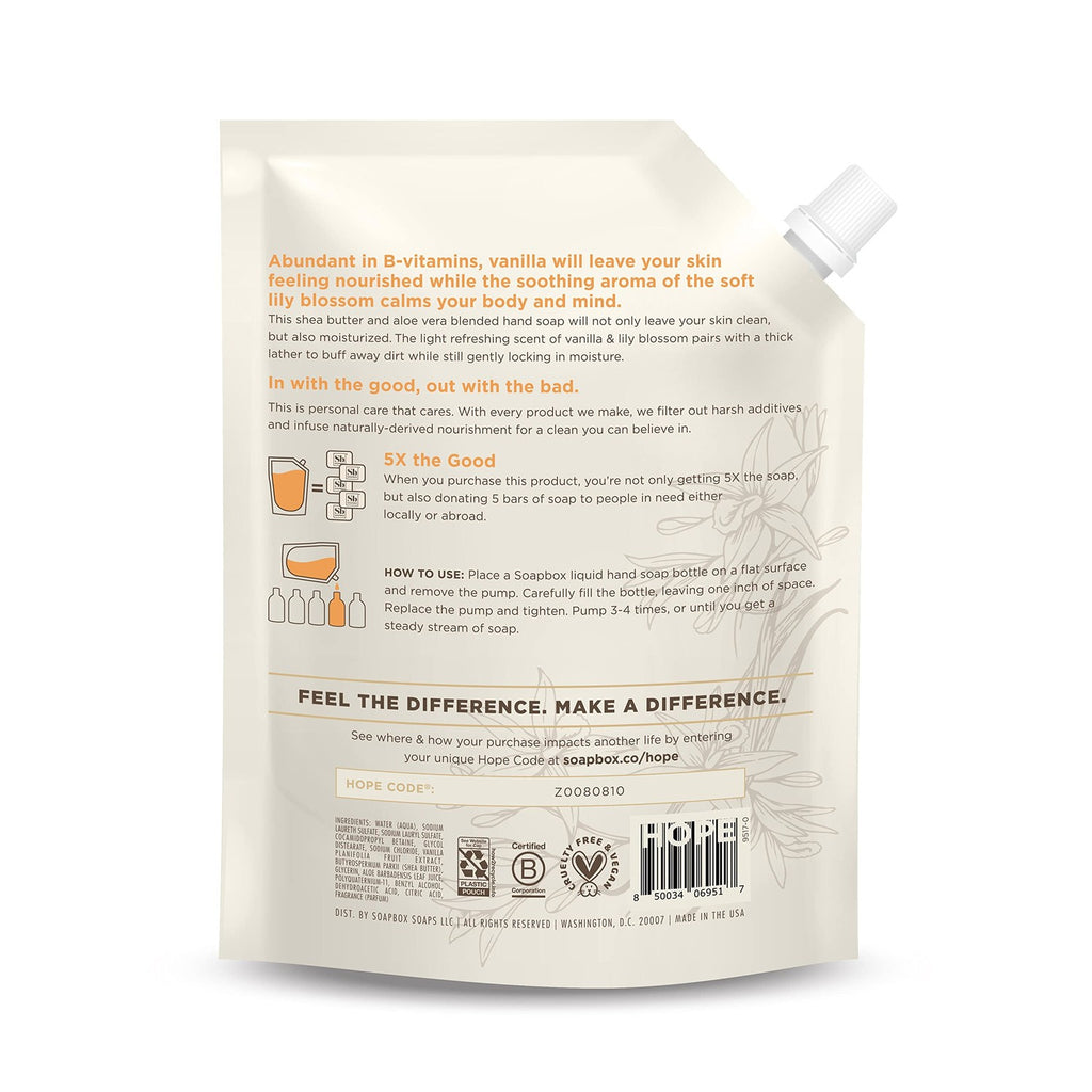 Soapbox Vanilla Bean Liquid Hand Soap Refill - 64oz | Gentle Cleanser for Hands - Clean Ingredients Free of Harsh Chemicals, Sulfates, Parabens & Silicones