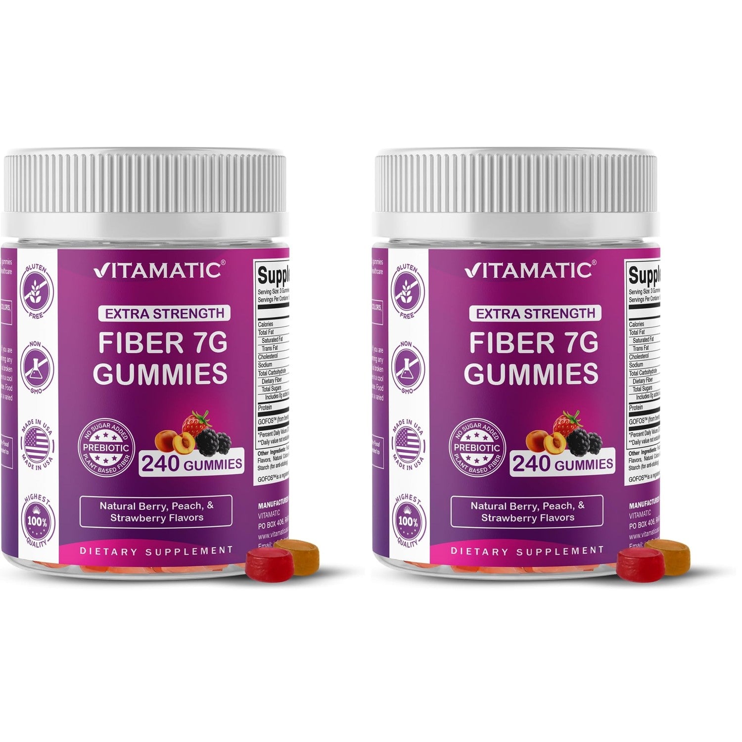Vitamatic Prebiotic Fiber Gummies for Adults, 7G Extra Strength, Zero Sugar Added, 240 Pectin Based Gummies, Digestive Health & Regularity Support (Pack of 2)