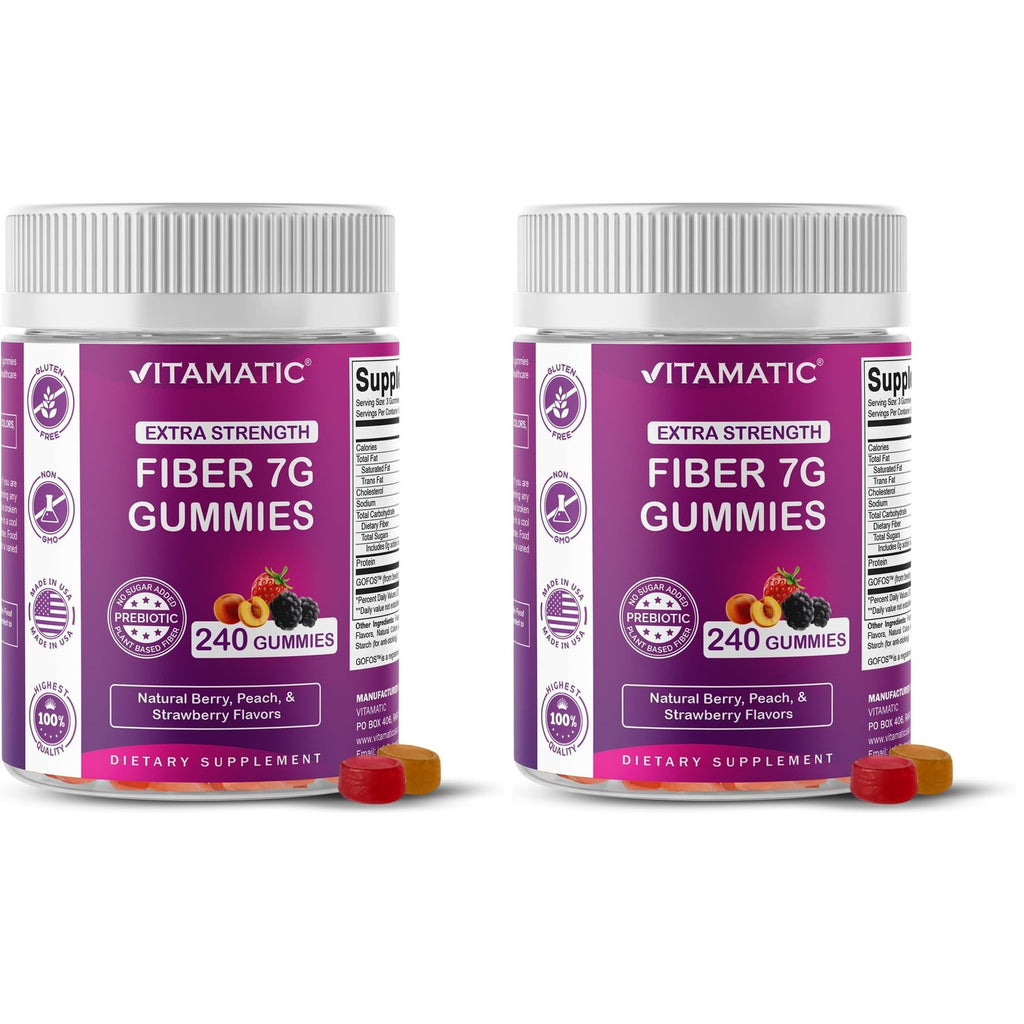 Vitamatic Prebiotic Fiber Gummies for Adults, 7G Extra Strength, Zero Sugar Added, 240 Pectin Based Gummies, Digestive Health & Regularity Support (Pack of 2)