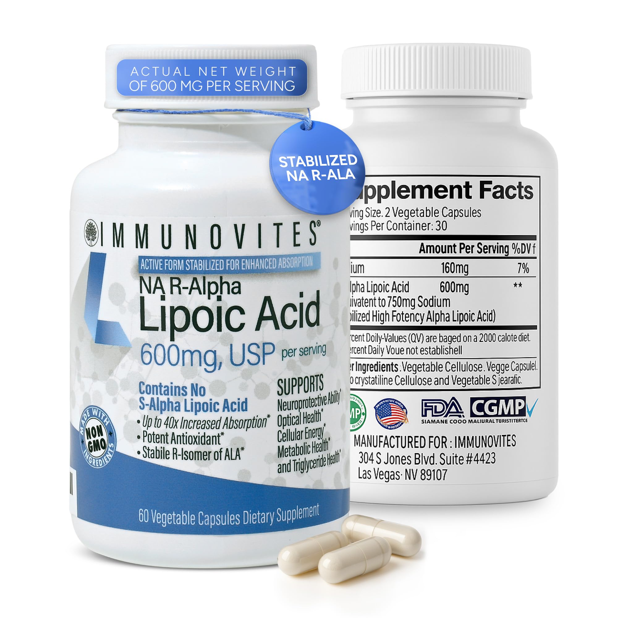 IMMUNOVITES Stabilized R-Alpha Lipoic Acid ((True)) 600mg per Serving [[High Potency & up to 40x Increased Absorption]] (Na R-ALA) (Na R-LA) (Na R-Lipoate) (1 Bottle)