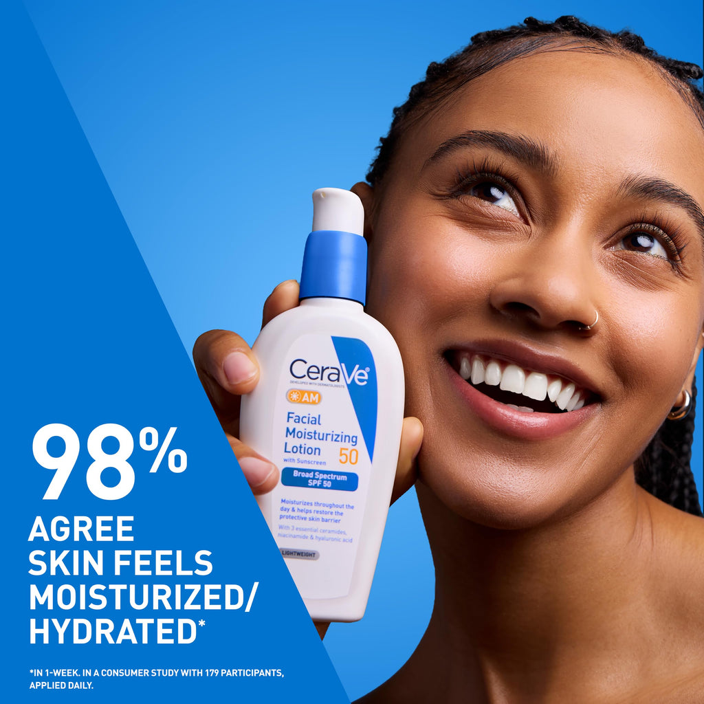 CeraVe AM Facial Moisturizing Lotion SPF 50, Face Moisturizer with SPF, 3oz | Travel Size Skin Care, Hyaluronic Acid and Niacinamide That Blends with No White Cast, Non-Greasy & Non-Comedogenic