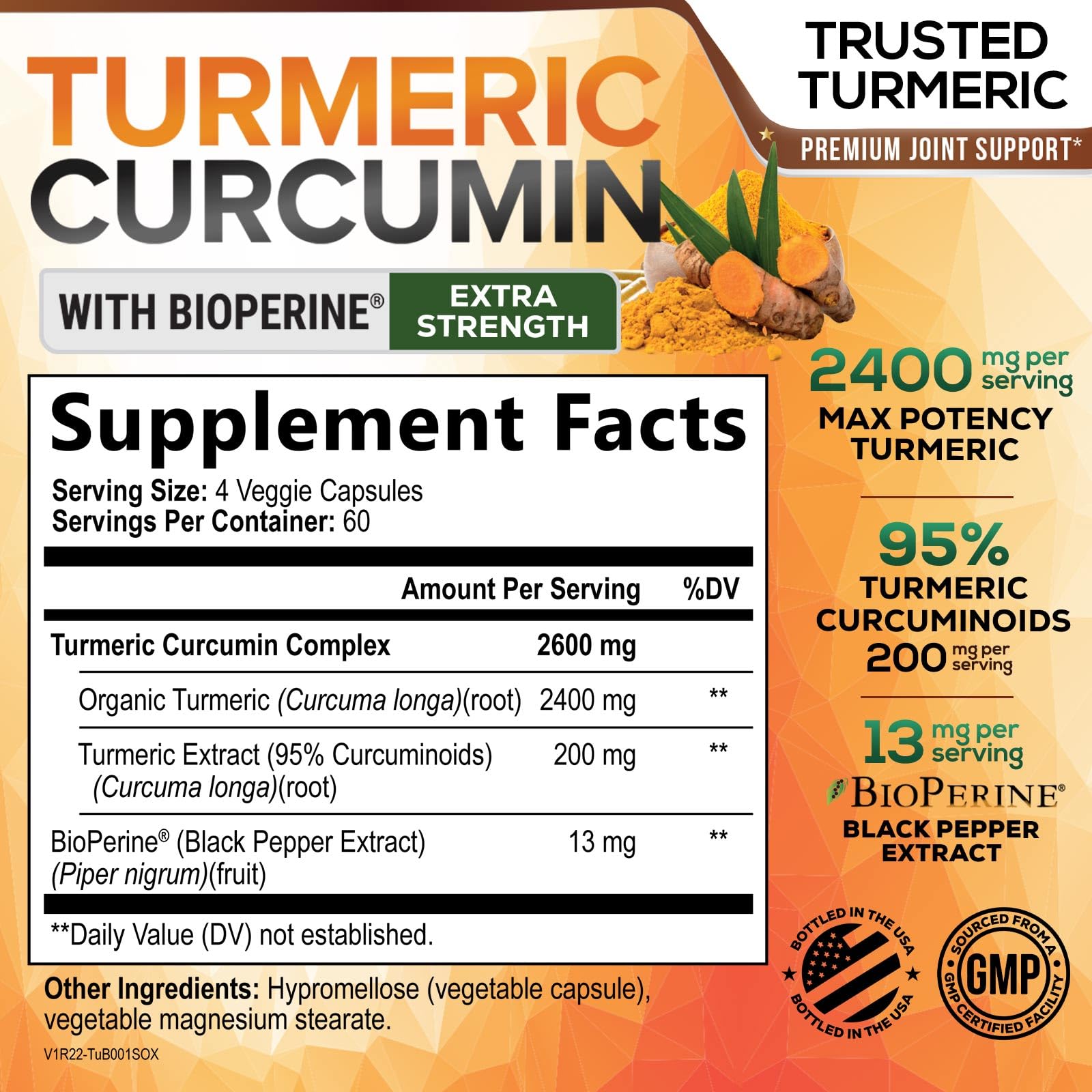 Turmeric Curcumin Supplement - 2400mg Organic Turmeric Per Serving - 95% Curcuminoids & BioPerine Black Pepper Extract for Best Absorption - Natural Vegan Joint Support, Bottled in USA - 240 Capsules