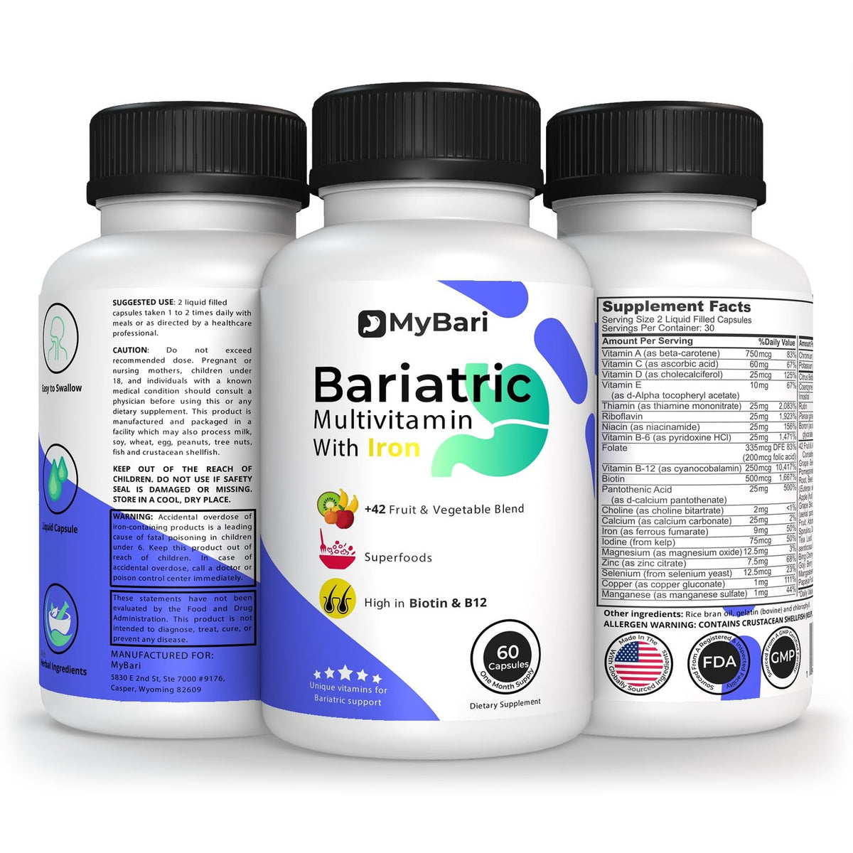 All-in-One Bariatric Multivitamin with Iron - Made in USA - for Men & Women - Supports Gastric Sleeve & Bypass with 42+ Fruit & Veggie Blend - 60 Liquid Capsules