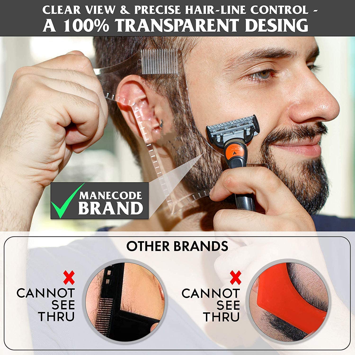 Buy now Men's Beard Shaping Tool With Inbuilt Comb Transparent Template Styling Comb Templates for Goatee Mustache Sideburns, Jaw Cheek/Neck Line, Symmetric/Curve/Step Cut (Clear) at indiglob india
