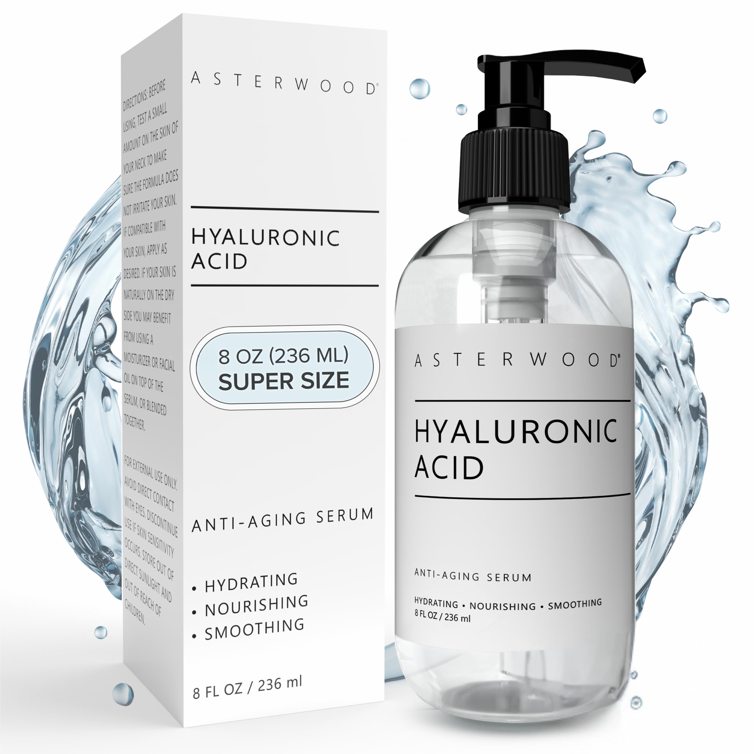 Asterwood Pure Hyaluronic Acid Serum for Face, Anti-Aging & Hydrating | Deep Hydrating, Plumping & Smoothing Serum, Cruelty-Free, Fragrance-Free & Vegan, 8 Fl Oz