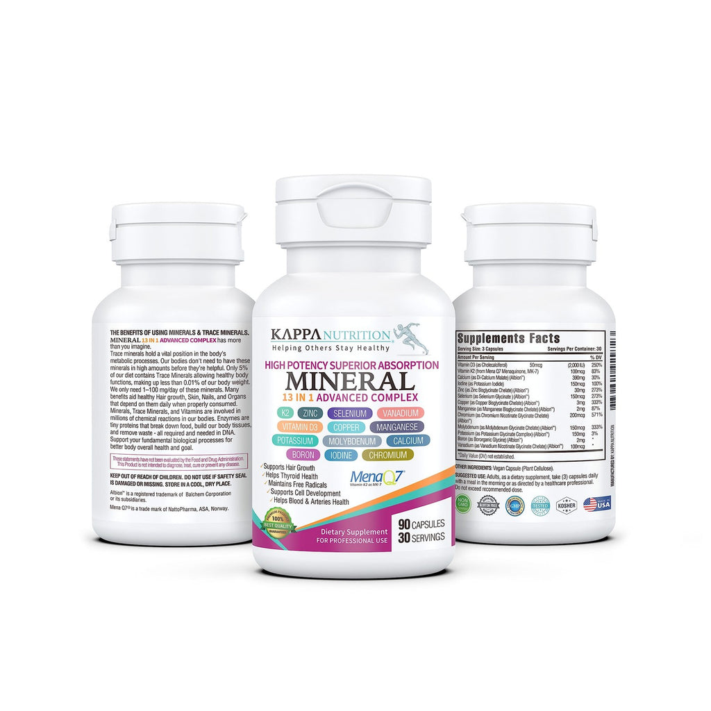 KAPPA NUTRITION Mineral 13 in 1 Advanced Complex with Albion® Chelated Minerals & MenaQ7® MK-7 Vitamin K2 | Calcium, Zinc, Selenium, Chromium, Iodine & Trace Minerals | 90 Vegan Capsules