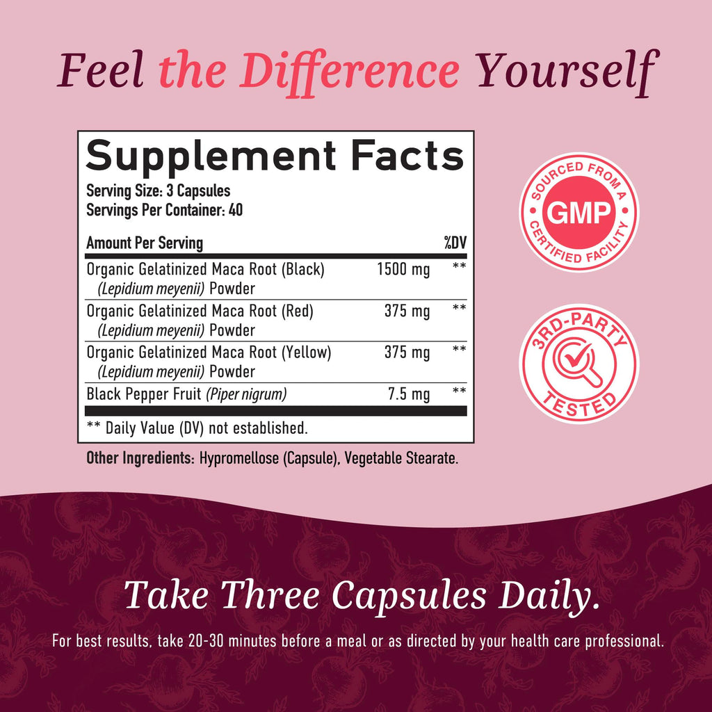 Organic Maca Root Capsules for Women, Peruvian Maca 2250MG Extra Strength | Red Black & Yellow Root Powder with Black Pepper for Absorption, Herbal Support for Energy & Hormone Balance, 120 Capsules