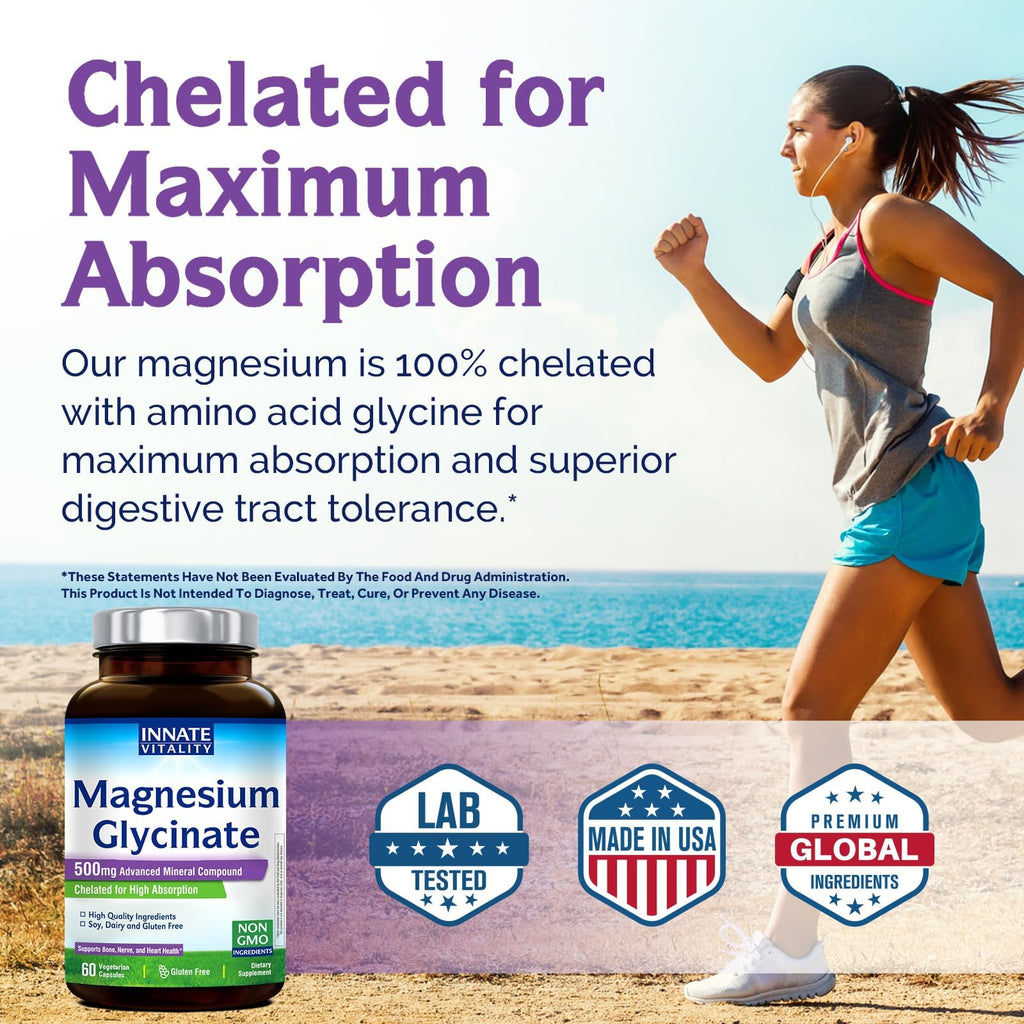 Innate Vitality Magnesium Glycinate 500mg | 70mg Elemental Magnesium Supplement - High Absorption, Non Buffered, Non-GMO & No Gluten - Vegan - Nerve Health - 60 Capsules (Pack of 1)