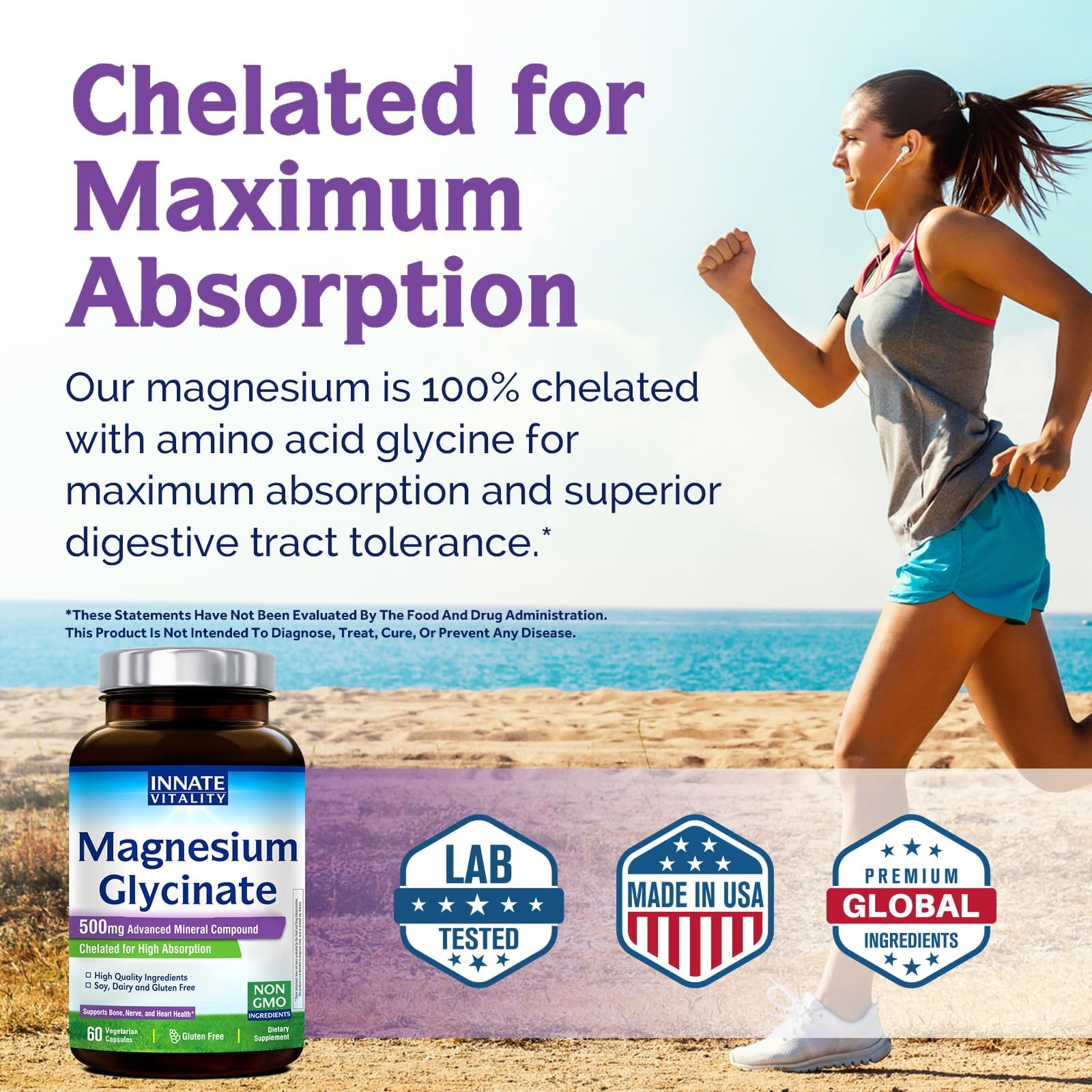Innate Vitality Magnesium Glycinate 500mg | 70mg Elemental Magnesium Supplement - High Absorption, Non Buffered, Non-GMO & No Gluten - Vegan - Nerve Health - 60 Capsules (Pack of 1)