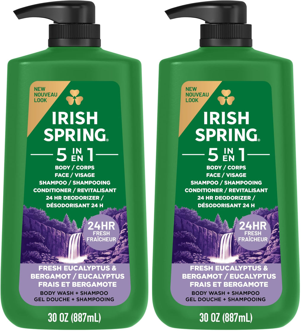 Buy now Irish Spring 5 in 1 Moisturizing Body Wash for Men, Shampoo, Conditioner, Body and Face Wash, and 24 Hour Deodorizer, Paraben-Free, Fresh Eucalyptus & Bergamot Scent, 20 fl oz at indiglob india