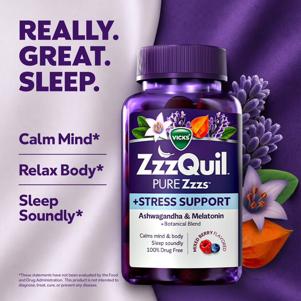 ZzzQuil PURE Zzzs De-Stress 2mg Melatonin Gummies, , Sleep Aids for Adults, Ashwagandha for Stress Support, 60 Gummies