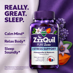 ZzzQuil PURE Zzzs De-Stress 2mg Melatonin Gummies, , Sleep Aids for Adults, Ashwagandha for Stress Support, 60 Gummies