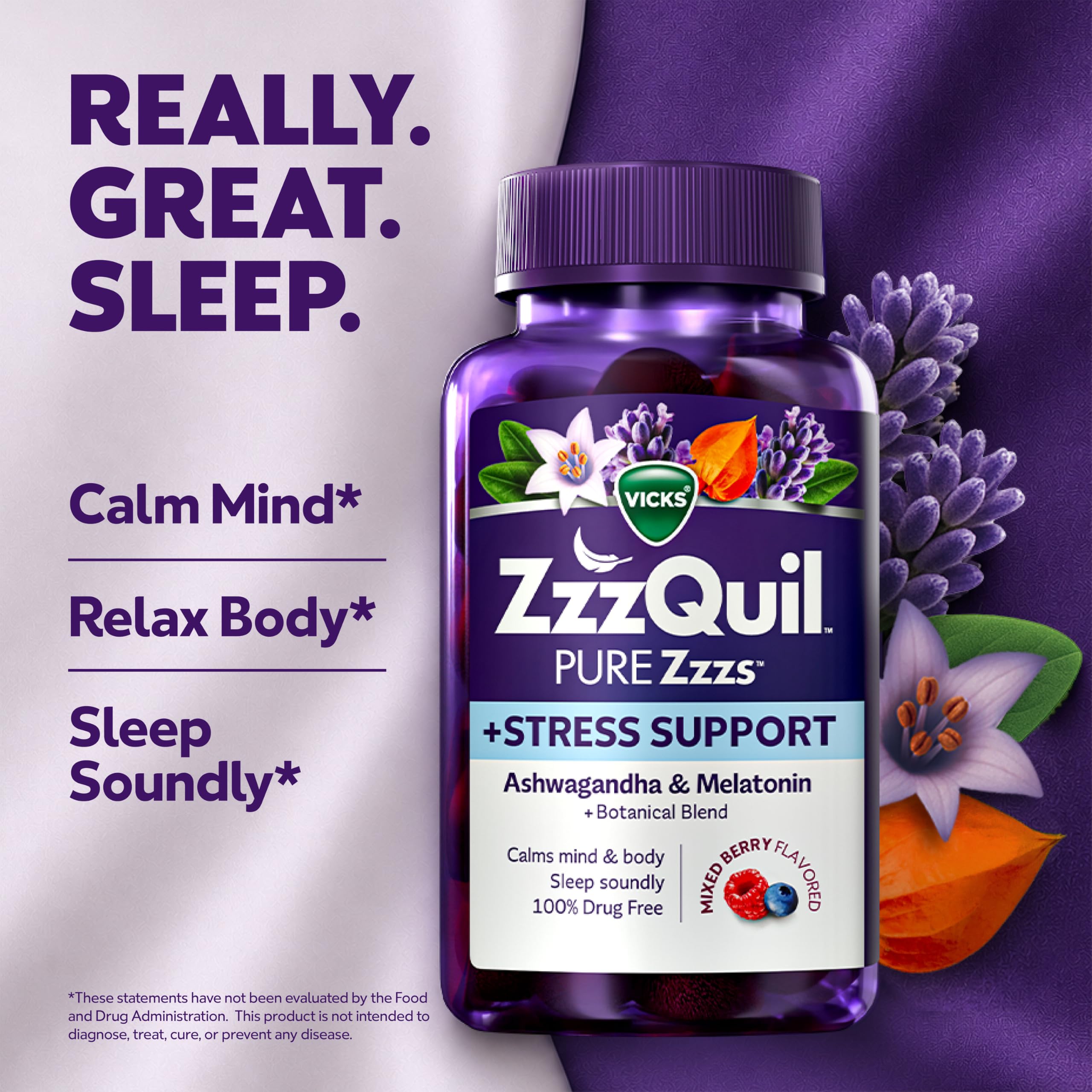 ZzzQuil PURE Zzzs De-Stress 2mg Melatonin Gummies, , Sleep Aids for Adults, Ashwagandha for Stress Support, 60 Gummies
