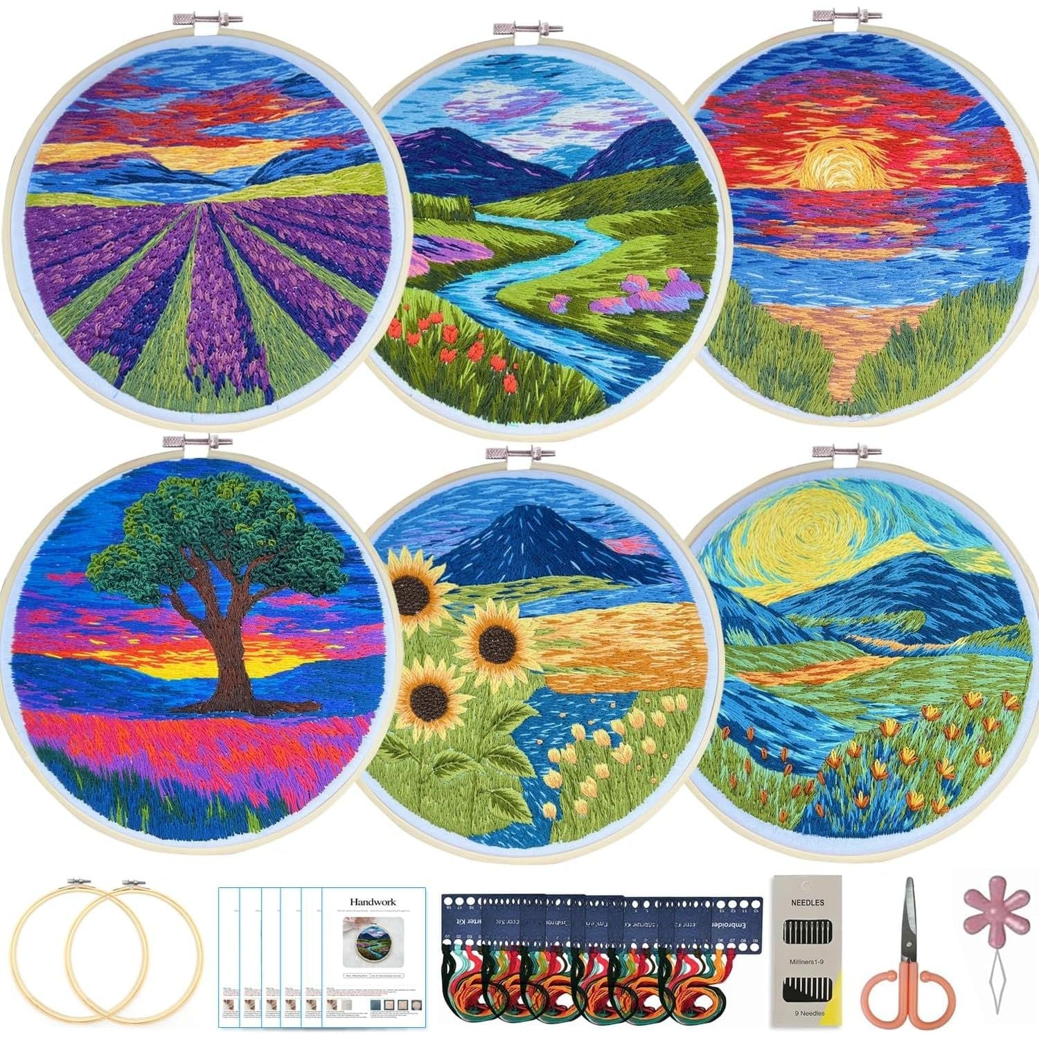 Buy now Maydear 3 Sets Embroidery kit for Beginners Adults,Embroidery Kit Punch Needle Kit Cross Stitch Kits with Embroidery Hoop and Instructions,Hand Embroidery Starter Kit Scenery 6 Set at indiglob india