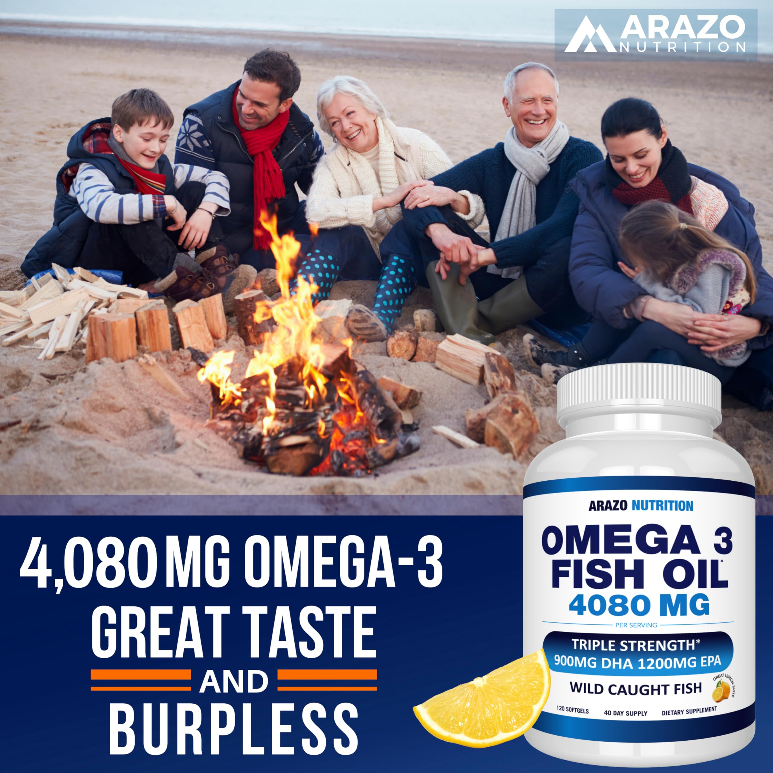 Arazo Nutrition Wild Caught Omega-3 Fish Oil Concentrate – 4,080mg per Serving – High EPA 1200mg & DHA 900mg – 120 Burpless Lemon Softgels