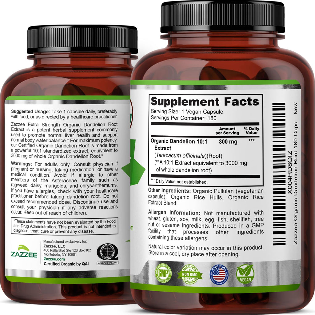 Zazzee USDA Organic Dandelion Root 10:1 Extract, 180 Capsules | 6 Month Supply, Liver & Detox Support, Taraxacum Officinale, Organic Herbal Supplement, All-Natural, Non-GMO, Made in the USA