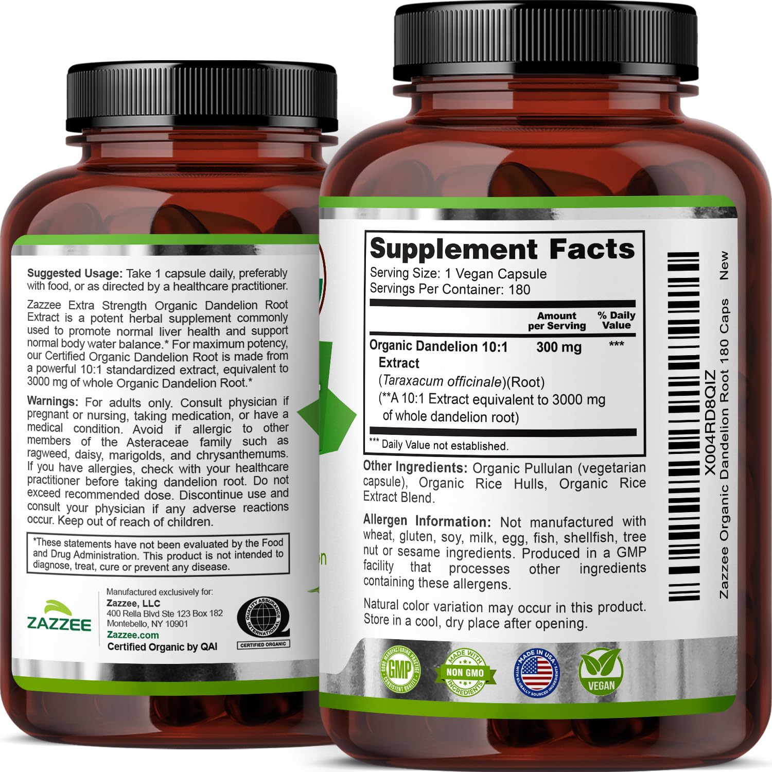 Zazzee USDA Organic Dandelion Root 10:1 Extract, 180 Capsules | 6 Month Supply, Liver & Detox Support, Taraxacum Officinale, Organic Herbal Supplement, All-Natural, Non-GMO, Made in the USA