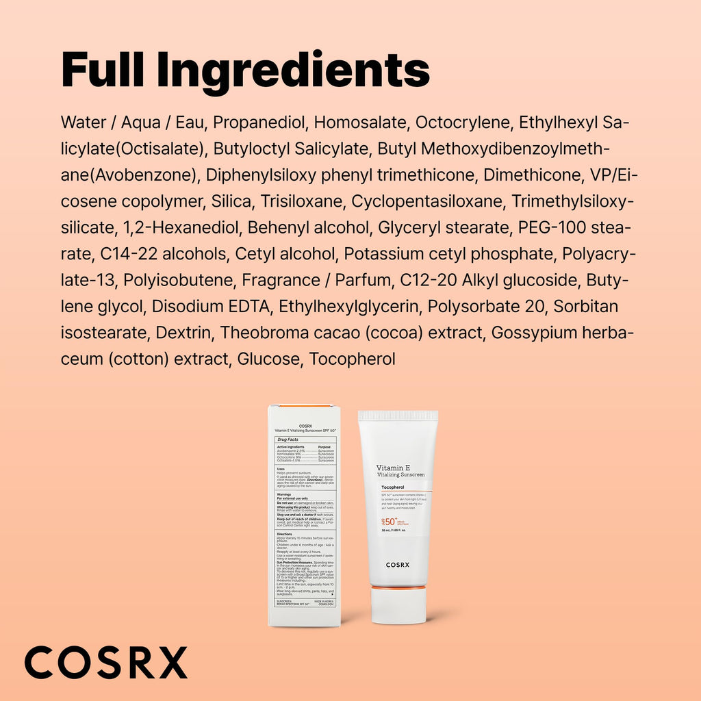 COSRX Vitamin E Sunscreen SPF 50, Natural Glow, for Oily Skin, 1.69 fl oz | Hydrating Face Sunscreen, Lightweight, Non-Sticky, No White Cast, Beach Essentials, Travel Essentials, Korean Skincare