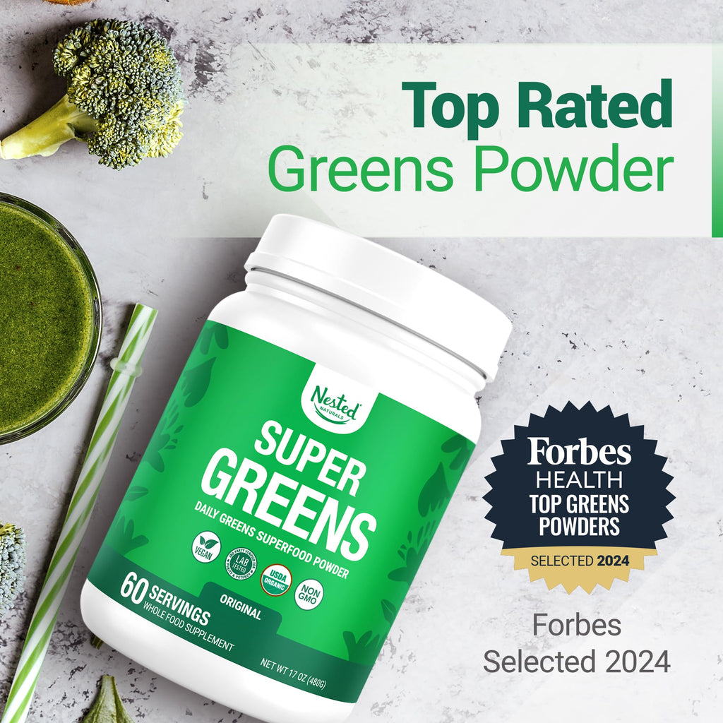 Nested Naturals Super Greens Daily Superfood Powder - Certified USDA Organic Green Powder w/Whole Foods, Spirulina Powder, Wheat & Barley Grass - Probiotics, Fiber & Enzymes - Original, 60 Servings