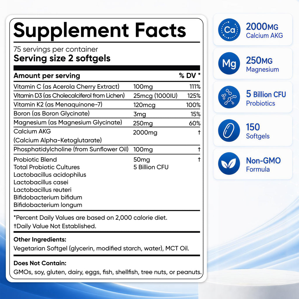 Calcium AKG Supplement 2000mg - 150 Softgels with Vitamin D3 & K2 Softgels for Women & Men │ High Absorption│Calcium Supplements with Magnesium Glycinate, Boron, Probiotics & Vitamin C for Bone1