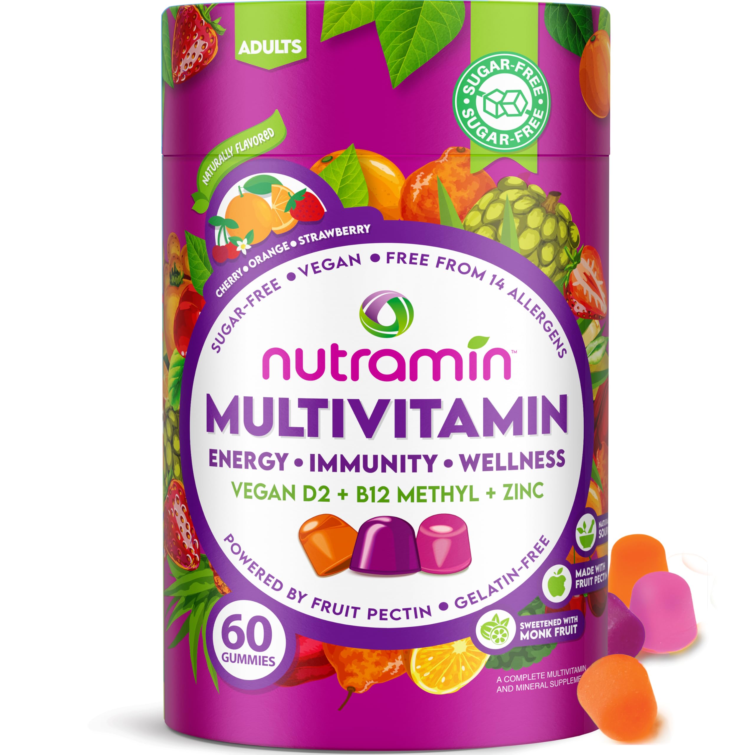 NUTRAMIN Daily Vegan Keto Multivitamin Gummies, Sugar-Free, 90 Count | Non-GMO Natural Vitamin C, D, Zinc for Immunity, Plant-Based, Nut-Free, Gluten-Free, Biotin, Vitamin A, B, B6, B12, 45-Day