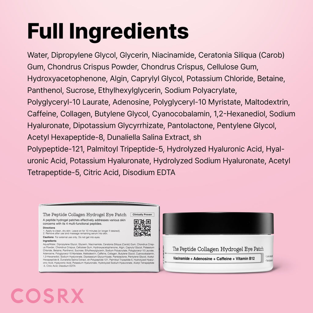 COSRX Pink Peptides Collagen Hydrogel Eye Patch for Puffy Eyes (60) | Cooling & Firming Under Eye Patches with 4-Peptide & Caffeine, Depuffing Gel Eye Mask, Korean Skin Care