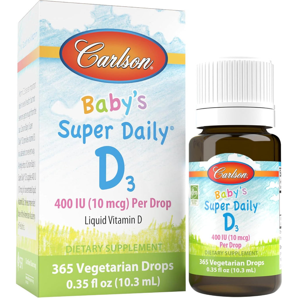 Buy now Carlson - Baby's Super Daily D3, Baby Vitamin D Drops, 400 IU (10 mcg) per Drop, 1-Year Supply, Vegetarian, Liquid Vitamin D Drops for Infants and Toddlers, Unflavored, 365 Drops at indiglob india