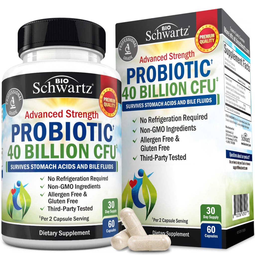 Probiotic 40 Billion CFU with Organic Prebiotics for Gut Health, 60 Count | Probiotics for Men and Women, Immune & Digestive Health Support with Lactobacillus from BioSchwartz, Non-GMO, Shelf Stable