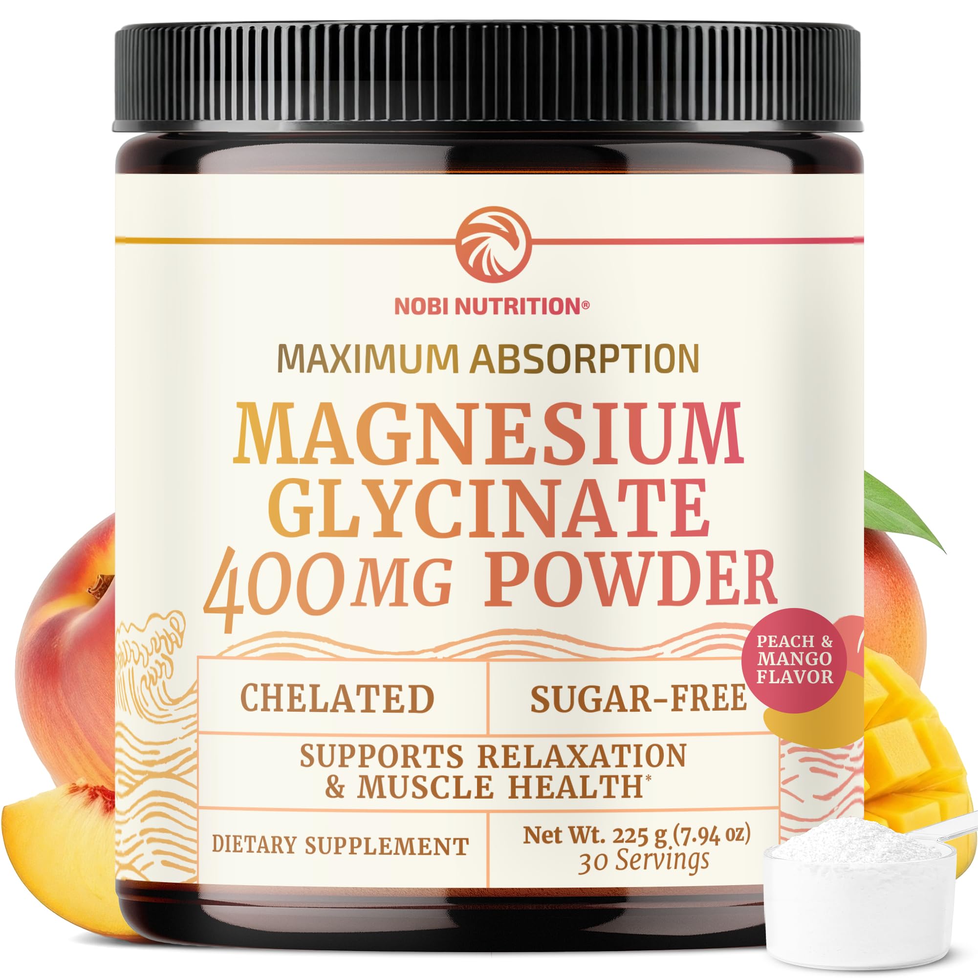 Magnesium Glycinate Powder 400MG, Sleep & Relaxation Support, Sugar-Free | Tasty Peach Mango Flavor, High Absorption Chelated Magnesium Powder, Vegan, Gluten-Free, Non-GMO, 30 Servings, 225g (7.94oz)