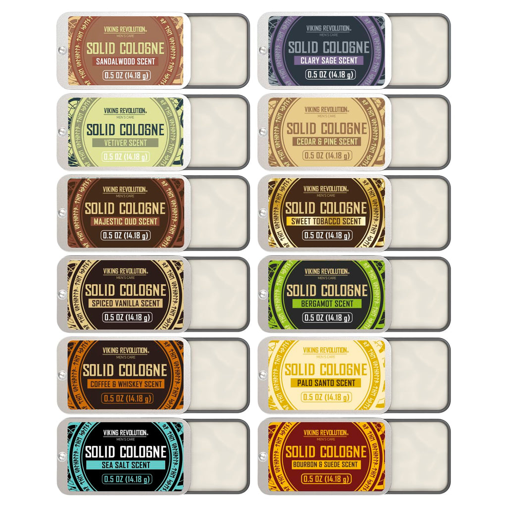 Viking Revolution Solid Cologne Set - Variety 1-0.5 oz (4 Pack) | Includes Cedar Wood, Clary Sage, Vetiver & Sandalwood - Travel Wax Colognes - Great Gift Set for Men