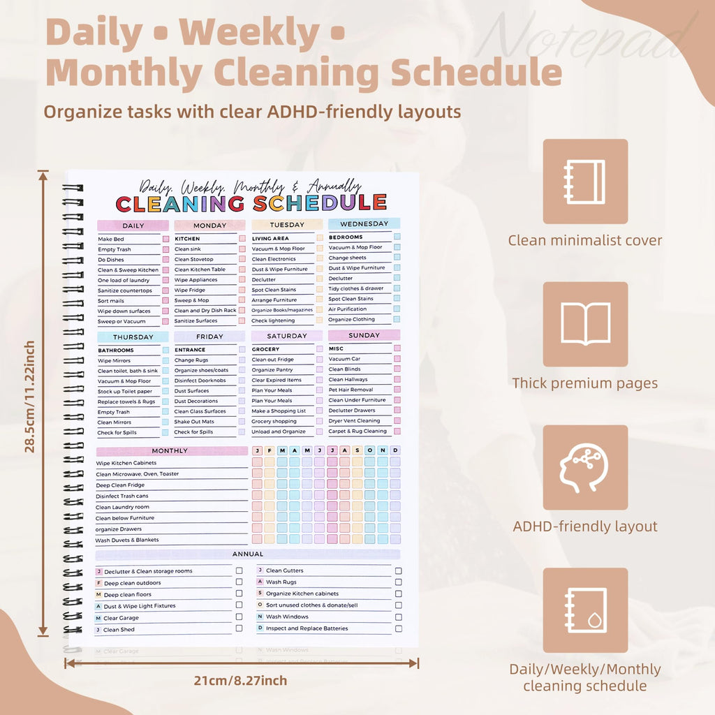PGJ ADHD Cleaning Planner for Adults, Undated Cleaning Schedule & Checklist