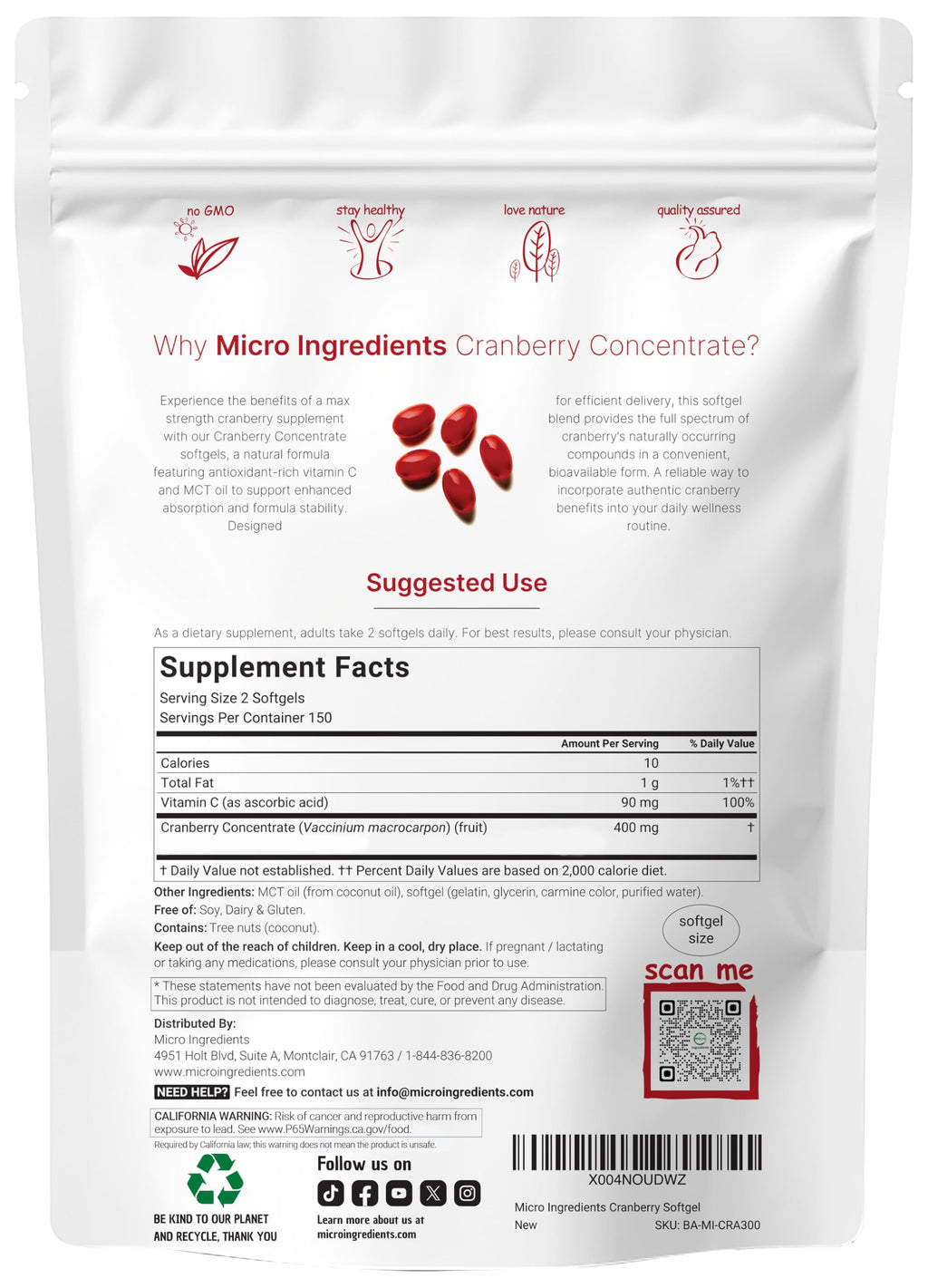 Micro Ingredients Cranberry Supplement for Women | 300 Softgels with Vitamin C & MCT Oil | Cranberry Pills for Women Support Urinary Tract Health*