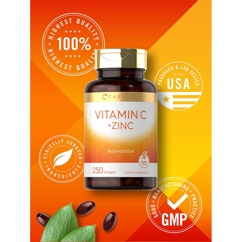 Carlyle Vitamin C with Zinc | 250 Softgels | Bioavailable | Ascorbic Acid