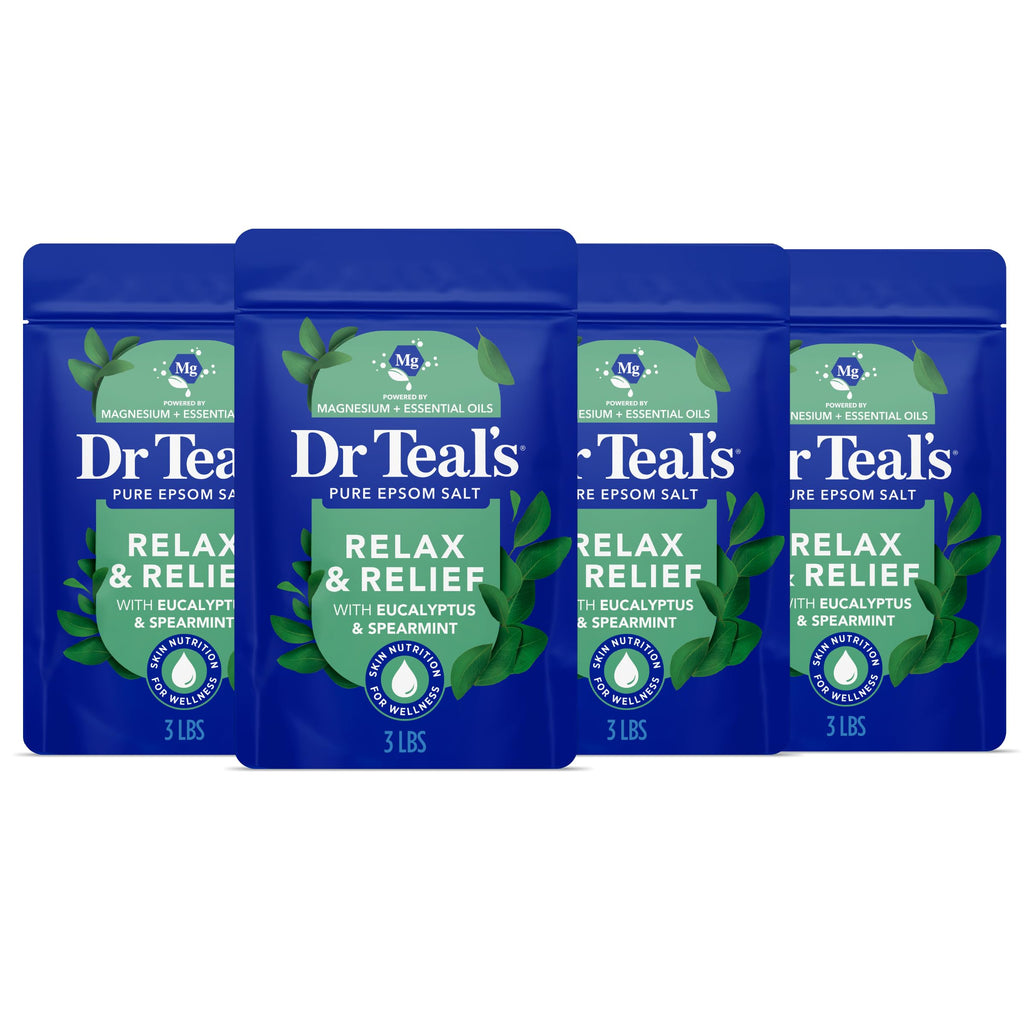 Dr Teal's Pure Epsom Salt, Relax & Relief with Eucalyptus and Spearmint, 3 lb (Pack of 4)
