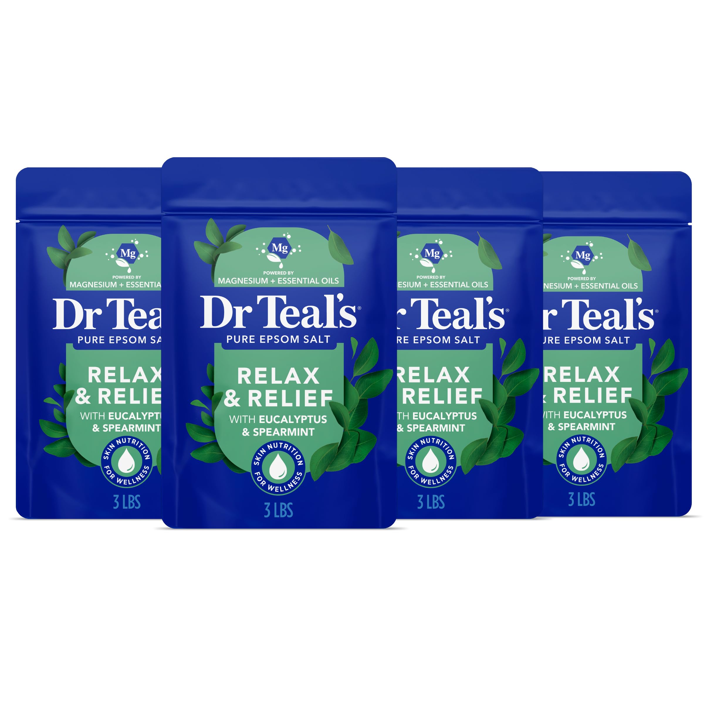 Dr Teal's Pure Epsom Salt, Relax & Relief with Eucalyptus and Spearmint, 3 lb (Pack of 4)