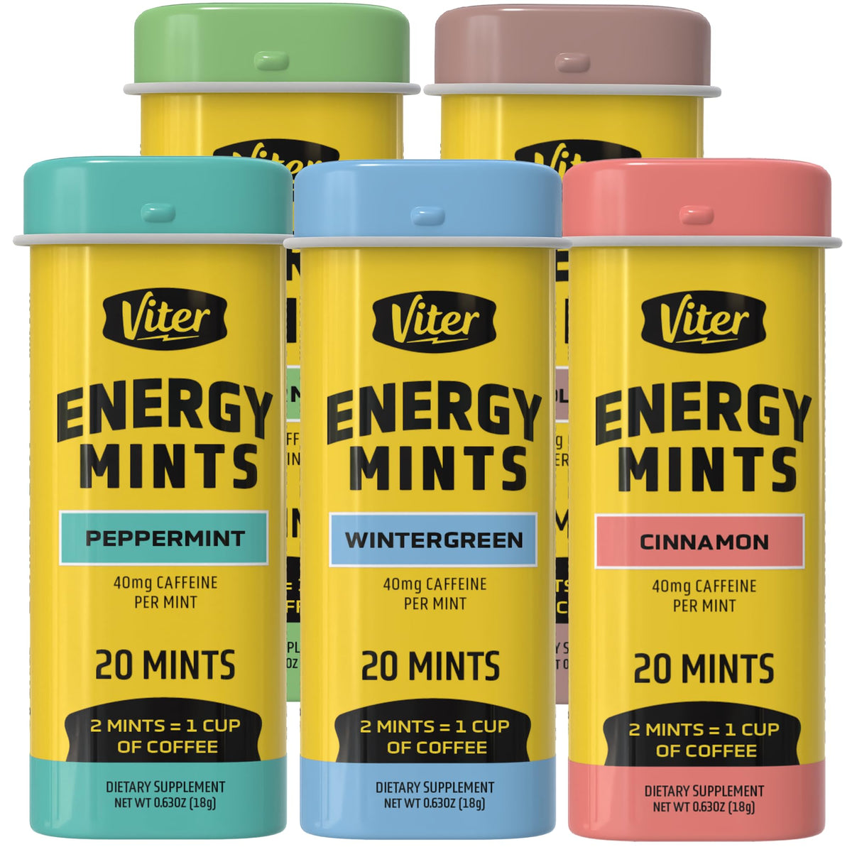 Viter Energy Caffeine Mints 40mg Variety Pack, Sugar Free, 5 Tins, 100ct