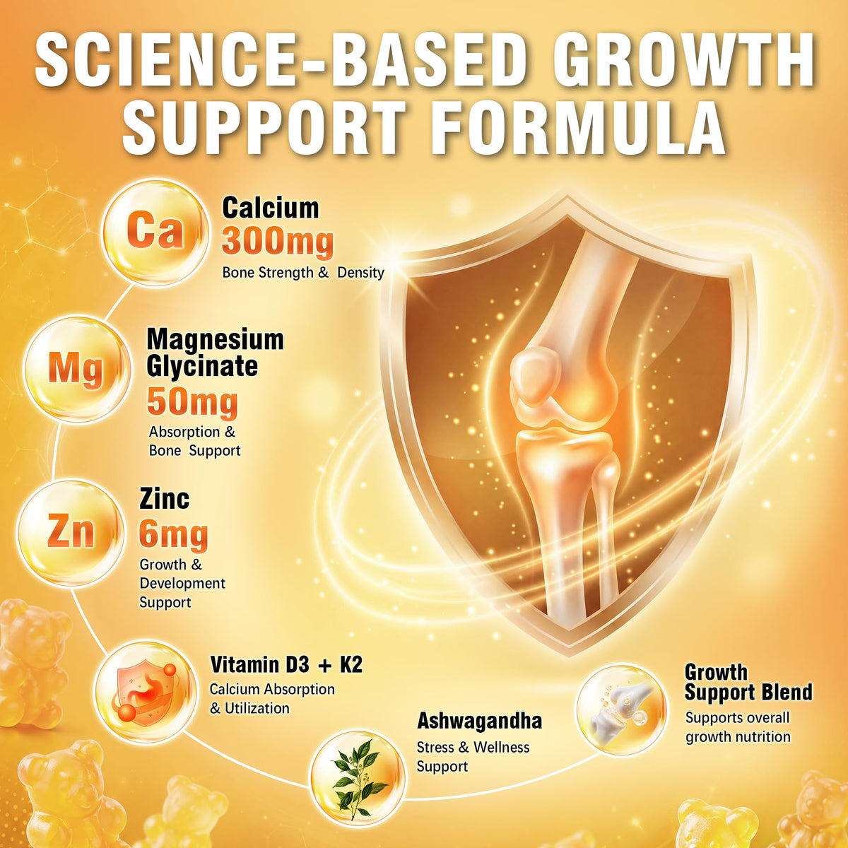 Height Growth Gummies (90 Count), Calcium 300mg, Magnesium Glycinate 50mg, Zinc, Ashwagandha, Vitamin D3 K2, Height Support Multivitamin, Bone Strength and Growth Supplement for Teens, Adults