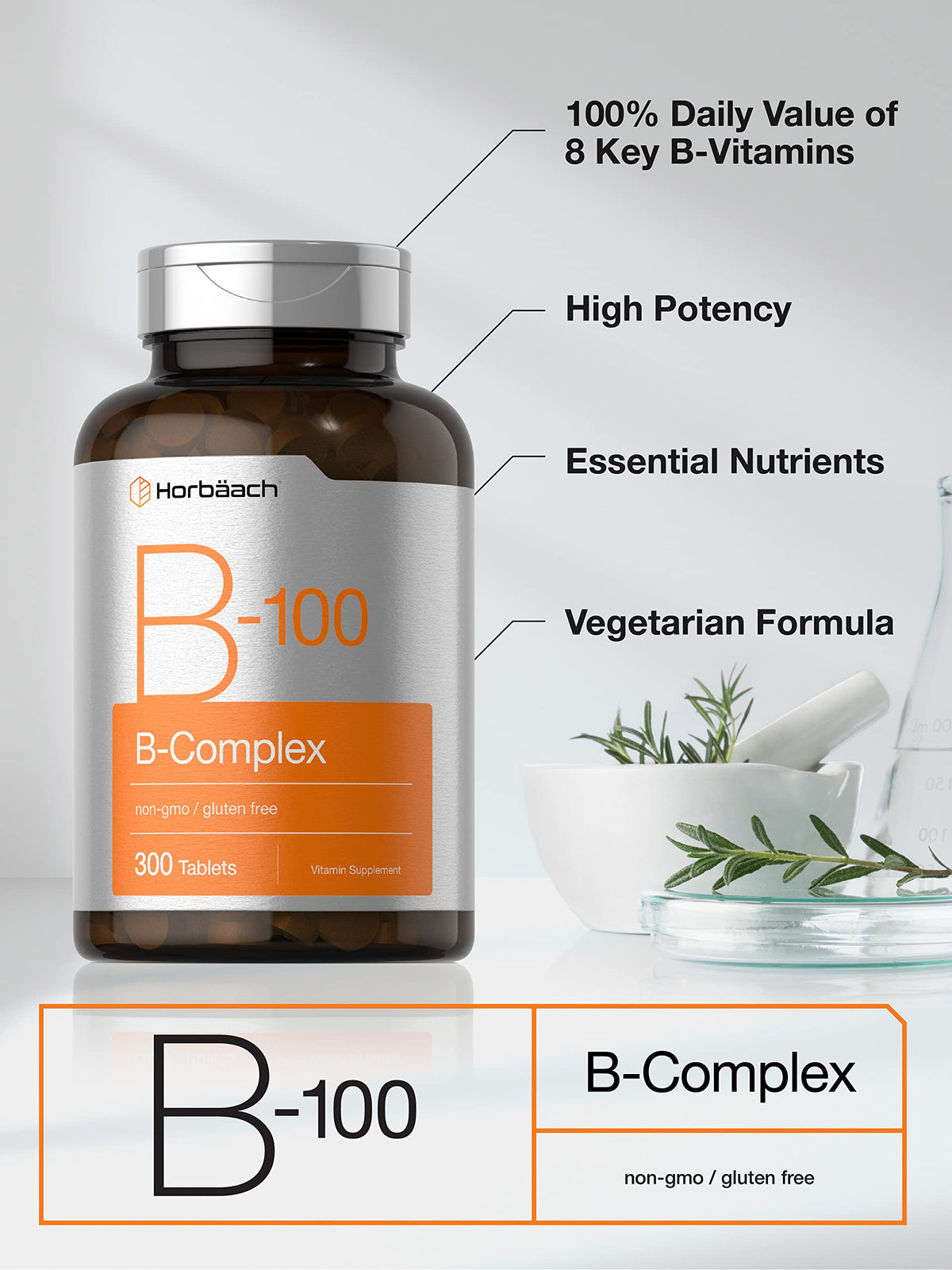 Horbäach Vitamin B-100 Complex | 100% of Daily Value | 300 Tablets