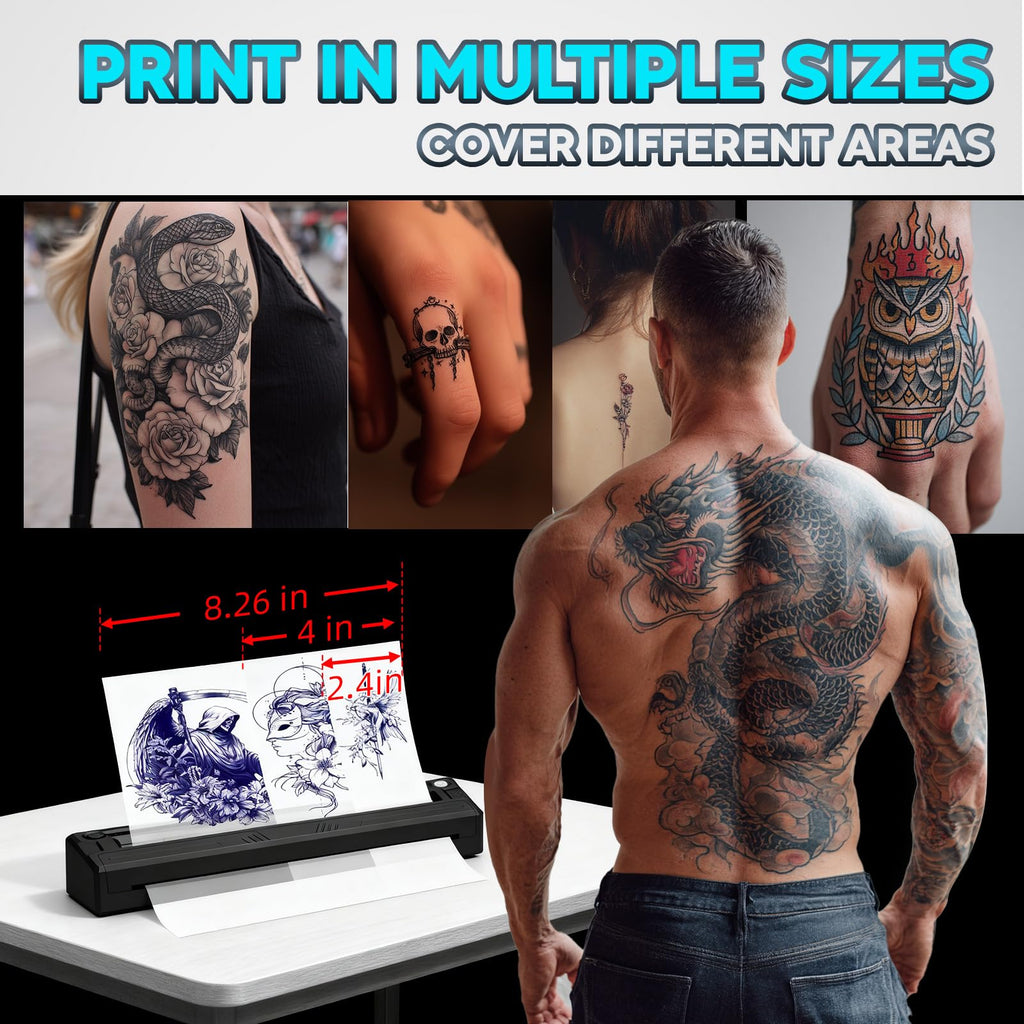 New Tattoo Stencil Printer - Fits A4-A8 Width Thermal Paper, Portable Wireless Bluetooth Thermal Tattoo Kit, Includes 10 Transfer Papers, for Artists & Beginners, Phones/Tablets/PC - Black