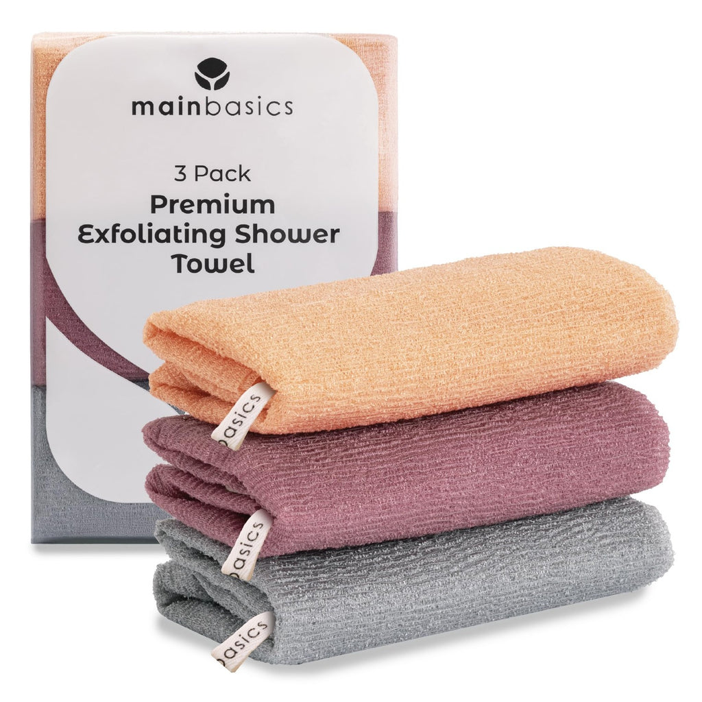 MainBasics Japanese Deep Exfoliating Shower Towel, 3 Pack, Black Ice | Japanese Nylon, Body Washcloth, Textured for Effective Exfoliation, Quick-Dry, Durable, Helps Reveal Smoother Skin