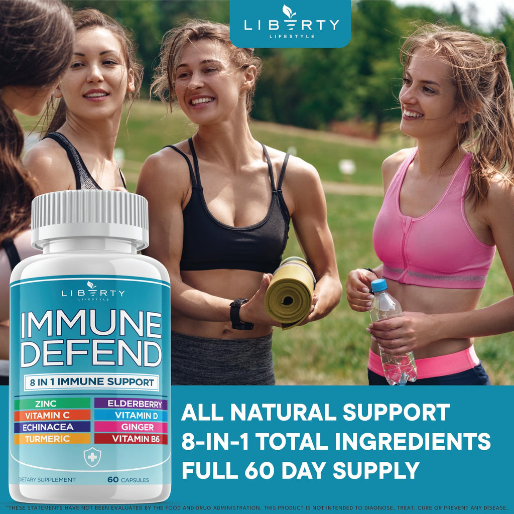Liberty Lifestyle 8 in 1 Immune Supplement with Echinacea, Vitamin C and Zinc 50mg, Vitamin D 5000 IU, Turmeric Curcumin & Ginger, B6, Elderberry 180 Count (Pack of 3)