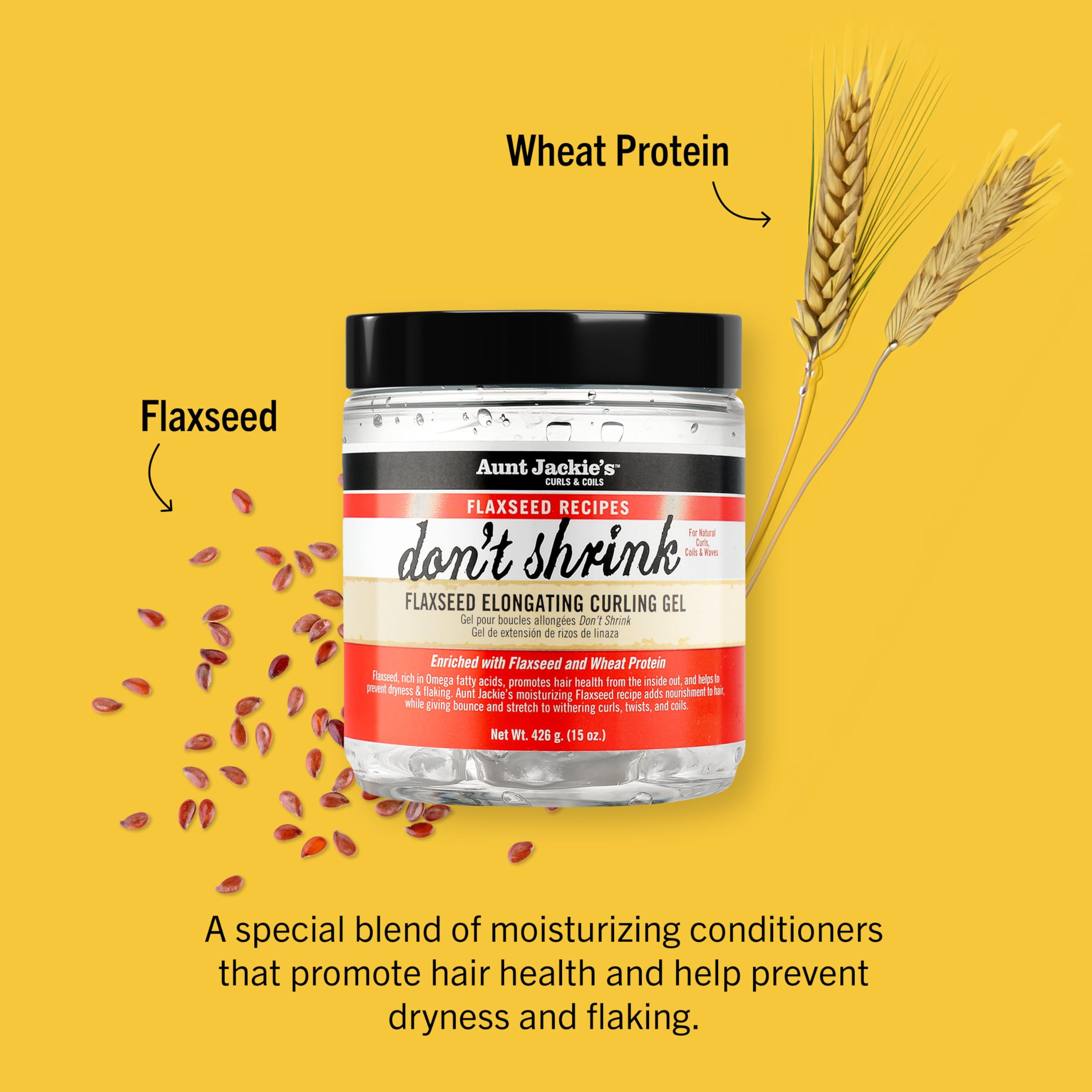Aunt Jackie's Flaxseed Recipes Don't Shrink Elongating Hair Curling Gel for Natural Curls, Coils and Waves, Helps Prevent Dryness and Flaking, 15 oz