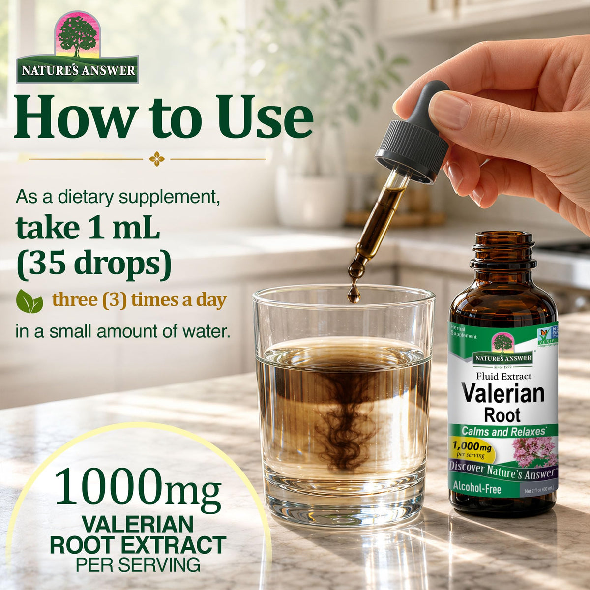 Natures Answer Valerian Root 1000 mg, 2 oz - Alcohol-Free Extract - Natural Sleep Aid - Stress Reliever - Promotes Restful Slumber