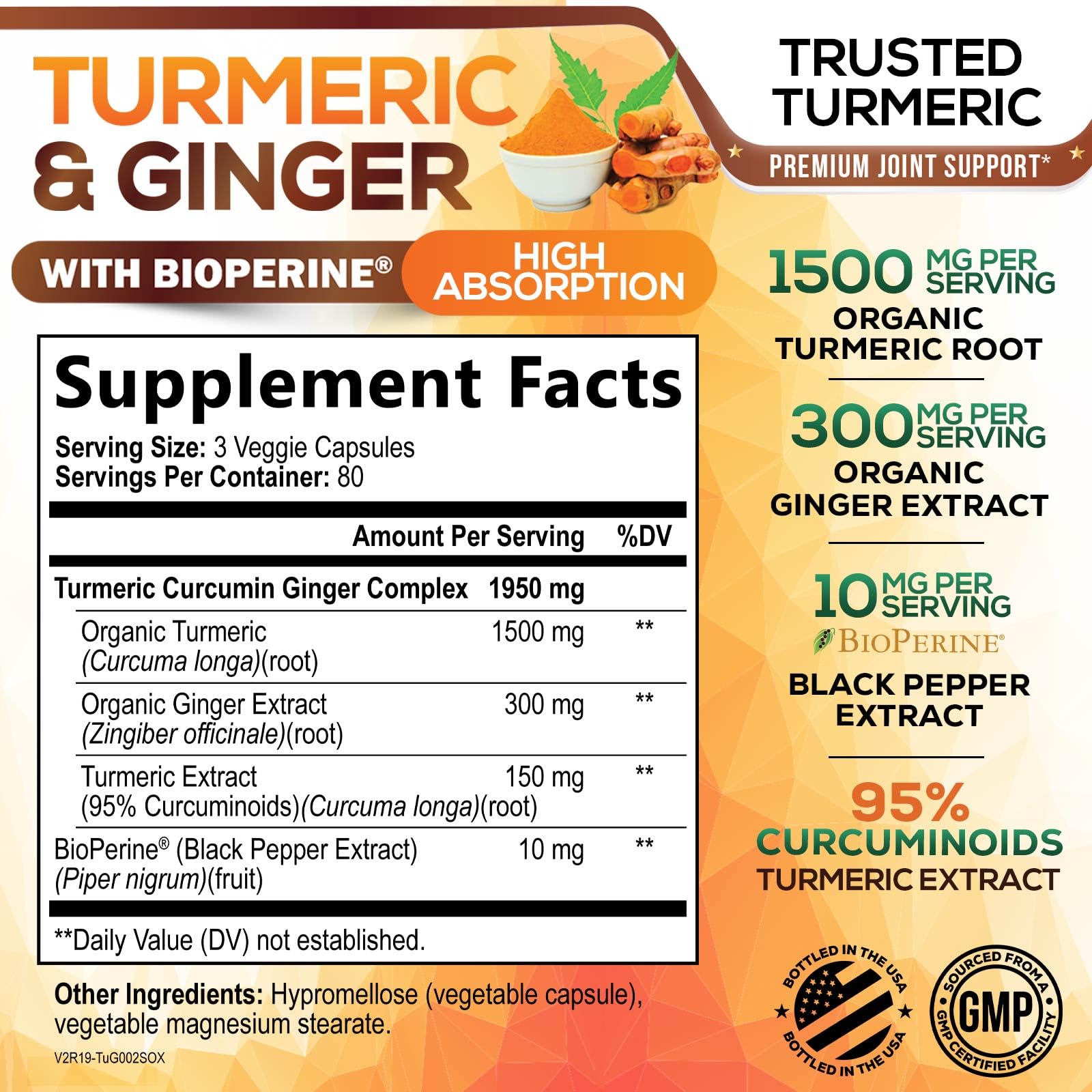Turmeric Curcumin Supplement - 95% Curcuminoids with Organic Turmeric & Ginger, BioPerine Black Pepper Extract for Best Absorption, Natural Vegan Joint Support, Non-GMO, Bottled in USA - 240 Capsules