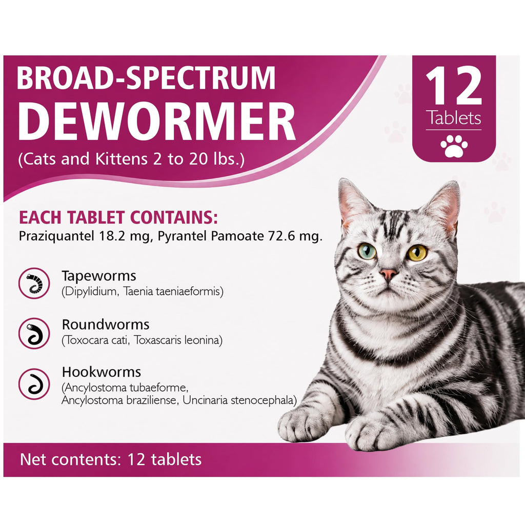 Broad-Spectrum Dewormer for Cats and Kittens (Praziquantel, Pyrantel Pamoate) for Tapeworms, Roundworms and Hookworms, 12 Tablets