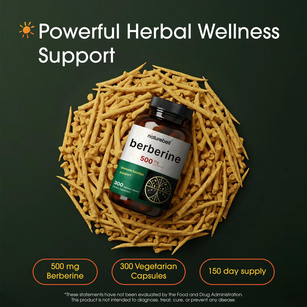 NatureBell Berberine 500mg - 300 Capsules - 97% Pure Berberine HCl - 5:1 Root Extract of Berberis Aristata - Antioxidant, Alkaloid & Adaptogenic Support*