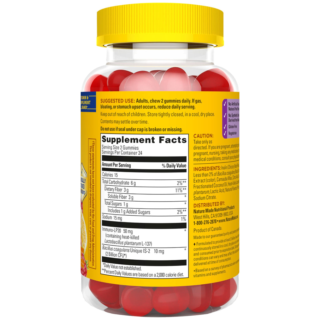 Nature Made Triple-Action Biotics, Prebiotic Fiber Gummies, 48 Gummies | Digestive Probiotics for Women and Men, Gut and Immune Health Support, Vegetarian, Raspberry Lemon Flavor, 24 Day Supply