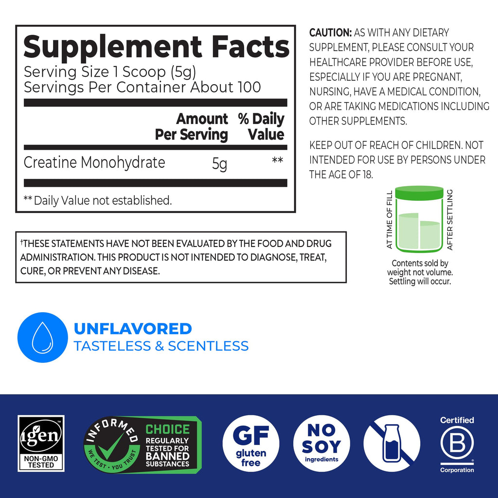 Orgain 5g Creatine Monohydrate Micronized Powder, Unflavored, 100 Servings | Creatine to support muscle growth, post workout recovery & brain health, no artificial additives, non-GMO, 17.64oz